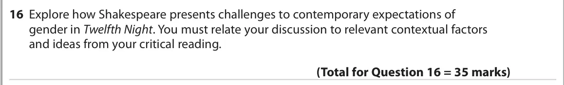June 2022 Paper 1, question 16: Explore how Shakespeare presents challenges to contemporary expectations of gender in Twelfth Night. You must relate your discussion to relevant contextual fact
