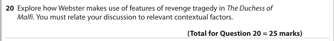 June 2022 Paper 1, question 20: Explore how Webster makes use of features of revenge tragedy in The Duchess of Malfi. You must relate your discussion to relevant contextual factors.