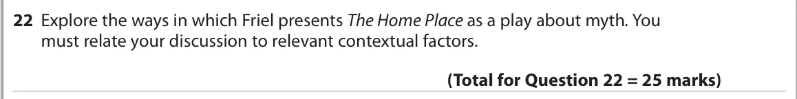 June 2022 Paper 1, question 22: Explore the ways in which Friel presents The Home Place as a play about myth. You must relate your discussion to relevant contextual factors.