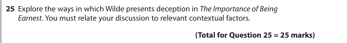 June 2022 Paper 1, question 25: Explore the ways in which Wilde presents deception in The Importance of Being Earnest. You must relate your discussion to relevant contextual factors.
