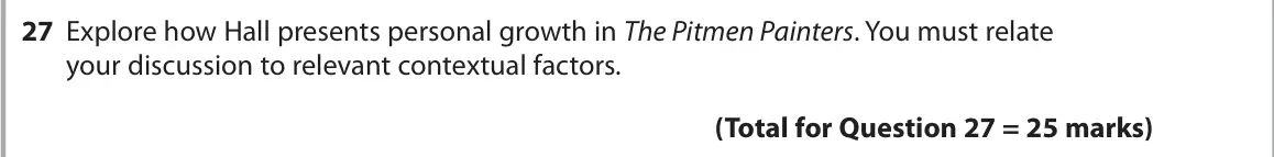 June 2022 Paper 1, question 27: Explore how Hall presents personal growth in The Pitmen Painters. You must relate your discussion to relevant contextual factors.