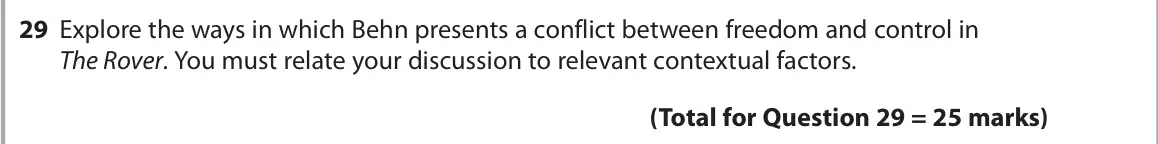June 2022 Paper 1, question 29: Explore the ways in which Behn presents a conflict between freedom and control in The Rover. You must relate your discussion to relevant contextual factors.