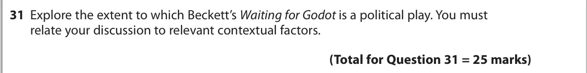 June 2022 Paper 1, question 31: Explore the extent to which Beckett’s Waiting for Godot is a political play. You must relate your discussion to relevant contextual factors.