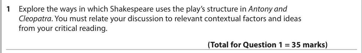 June 2023 Paper 1, question 1: Explore the ways in which Shakespeare uses the play’s structure in Antony and Cleopatra. You must relate your discussion to relevant contextual factors and idea