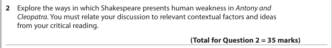 June 2023 Paper 1, question 2: Explore the ways in which Shakespeare presents human weakness in Antony and Cleopatra. You must relate your discussion to relevant contextual factors and ideas 