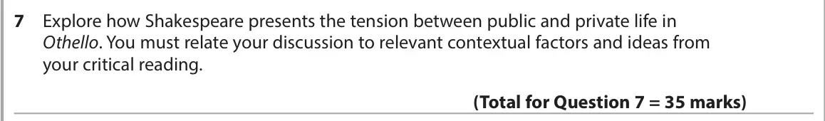 June 2023 Paper 1, question 7: Explore how Shakespeare presents the tension between public and private life in Othello. You must relate your discussion to relevant contextual factors and idea
