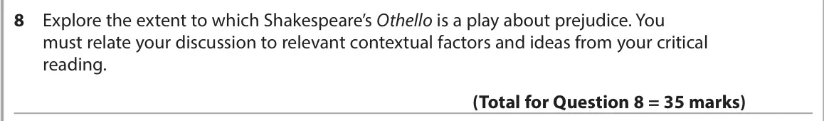 June 2023 Paper 1, question 8: Explore the extent to which Shakespeare’s Othello is a play about prejudice. You must relate your discussion to relevant contextual factors and ideas from your 