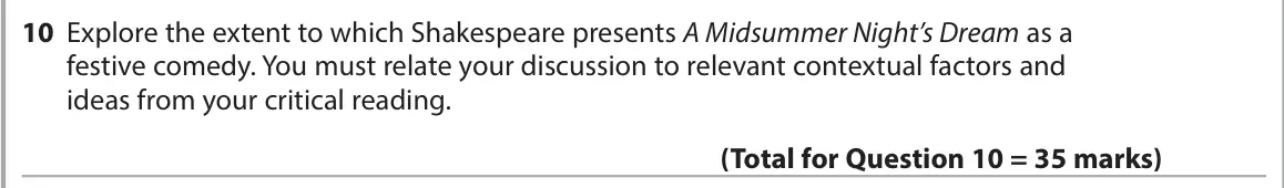 June 2023 Paper 1, question 10: Explore the extent to which Shakespeare presents A Midsummer Night’s Dream as a festive comedy. You must relate your discussion to relevant contextual factors a