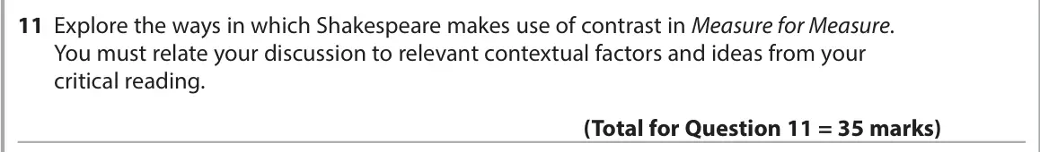 June 2023 Paper 1, question 11: Explore the ways in which Shakespeare makes use of contrast in Measure for Measure. You must relate your discussion to relevant contextual factors and ideas fro