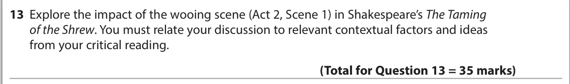 June 2023 Paper 1, question 13: Explore the impact of the wooing scene (Act 2, Scene 1) in Shakespeare’s The Taming of the Shrew. You must relate your discussion to relevant contextual factors