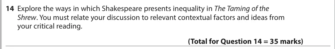 June 2023 Paper 1, question 14: Explore the ways in which Shakespeare presents inequality in The Taming of the Shrew. You must relate your discussion to relevant contextual factors and ideas f