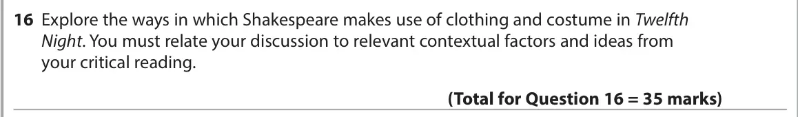 June 2023 Paper 1, question 16: Explore the ways in which Shakespeare makes use of clothing and costume in Twelfth Night. You must relate your discussion to relevant contextual factors and ide