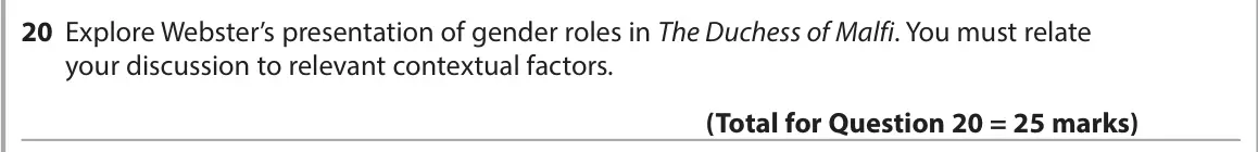 June 2023 Paper 1, question 20: Explore Webster’s presentation of gender roles in The Duchess of Malfi. You must relate your discussion to relevant contextual factors.