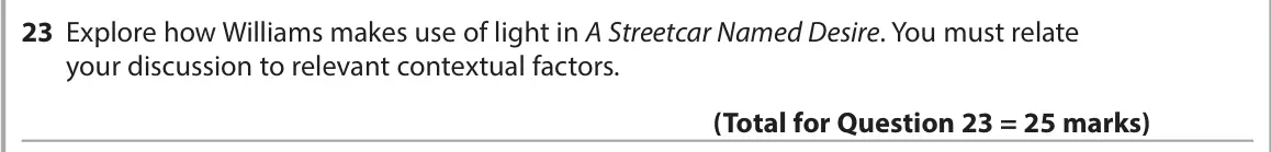 June 2023 Paper 1, question 23: Explore how Williams makes use of light in A Streetcar Named Desire. You must relate your discussion to relevant contextual factors.