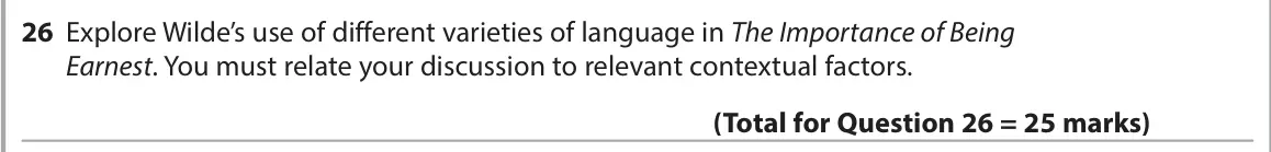 June 2023 Paper 1, question 26: Explore Wilde’s use of different varieties of language in The Importance of Being Earnest. You must relate your discussion to relevant contextual factors.
