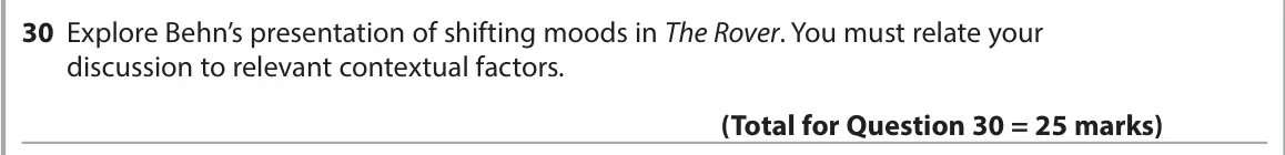 June 2023 Paper 1, question 30: Explore Behn’s presentation of shifting moods in The Rover. You must relate your discussion to relevant contextual factors.