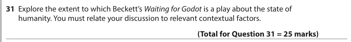 June 2023 Paper 1, question 31: Explore the extent to which Beckett’s Waiting for Godot is a play about the state of humanity. You must relate your discussion to relevant contextual factors.