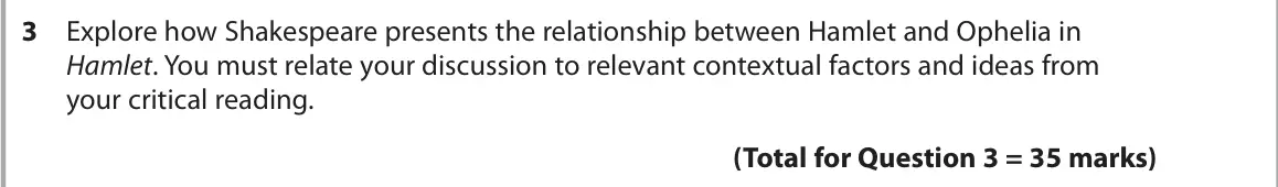 June 2024 Paper 1, question 3: Explore how Shakespeare presents the relationship between Hamlet and Ophelia in Hamlet. You must relate your discussion to relevant contextual factors and ideas