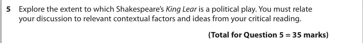 June 2024 Paper 1, question 5: Explore the extent to which Shakespeare’s King Lear is a political play. You must relate your discussion to relevant contextual factors and ideas from your crit