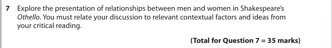 June 2024 Paper 1, question 7: Explore the presentation of relationships between men and women in Shakespeare’s Othello. You must relate your discussion to relevant contextual factors and ide