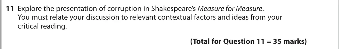 June 2024 Paper 1, question 11: Explore the presentation of corruption in Shakespeare’s Measure for Measure. You must relate your discussion to relevant contextual factors and ideas from your 