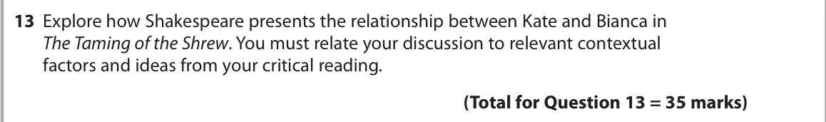 June 2024 Paper 1, question 13: Explore how Shakespeare presents the relationship between Kate and Bianca in The Taming of the Shrew. You must relate your discussion to relevant contextual fac