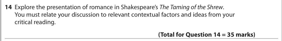 June 2024 Paper 1, question 14: Explore the presentation of romance in Shakespeare’s The Taming of the Shrew. You must relate your discussion to relevant contextual factors and ideas from your