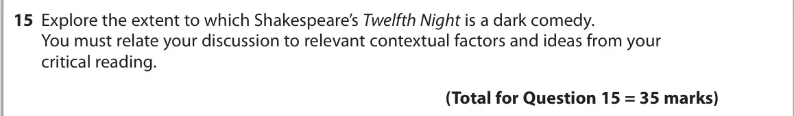 June 2024 Paper 1, question 15: Explore the extent to which Shakespeare’s Twelfth Night is a dark comedy. You must relate your discussion to relevant contextual factors and ideas from your cri