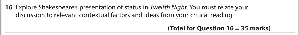 June 2024 Paper 1, question 16: Explore Shakespeare’s presentation of status in Twelfth Night. You must relate your discussion to relevant contextual factors and ideas from your critical readi
