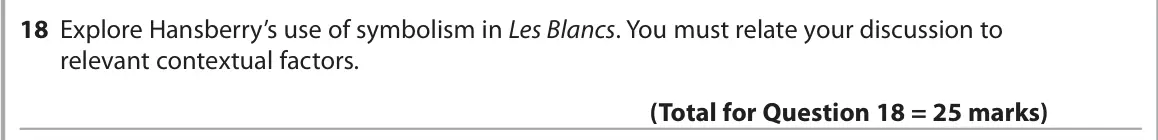 June 2024 Paper 1, question 18: Explore Hansberry’s use of symbolism in Les Blancs. You must relate your discussion to relevant contextual factors.