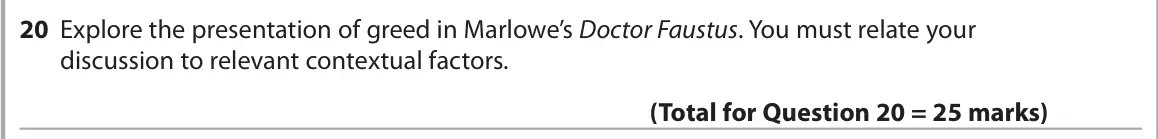June 2024 Paper 1, question 20: Explore the presentation of greed in Marlowe’s Doctor Faustus. You must relate your discussion to relevant contextual factors.