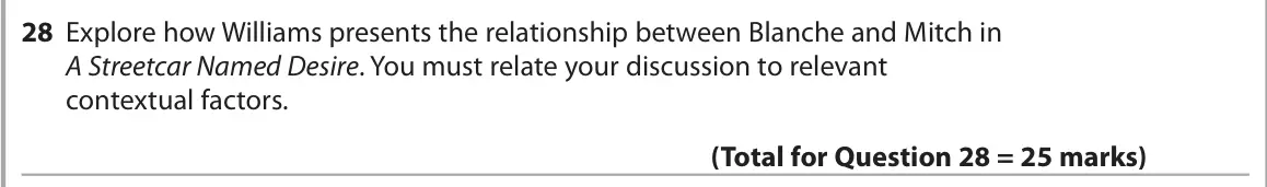 June 2024 Paper 1, question 28: Explore how Williams presents the relationship between Blanche and Mitch in A Streetcar Named Desire. You must relate your discussion to relevant contextual fac