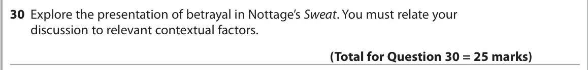 June 2024 Paper 1, question 30: Explore the presentation of betrayal in Nottage’s Sweat. You must relate your discussion to relevant contextual factors.
