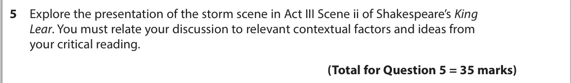 June 2025 Paper 1, question 5: Explore the presentation of the storm scene in Act III Scene ii of Shakespeare’s King Lear. You must relate your discussion to relevant contextual factors and i