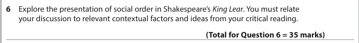 June 2025 Paper 1, question 6: Explore the presentation of social order in Shakespeare’s King Lear. You must relate your discussion to relevant contextual factors and ideas from your critical