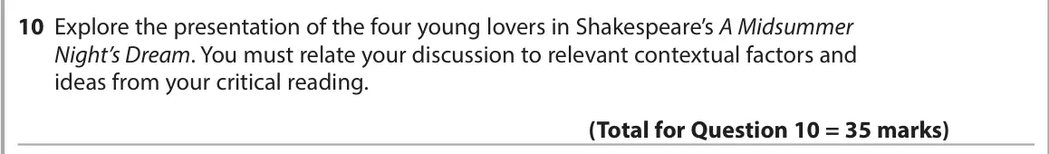 June 2025 Paper 1, question 10: Explore the presentation of the four young lovers in Shakespeare’s A Midsummer Night’s Dream. You must relate your discussion to relevant contextual factors and
