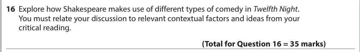 June 2025 Paper 1, question 16: Explore how Shakespeare makes use of different types of comedy in Twelfth Night. You must relate your discussion to relevant contextual factors and ideas from y