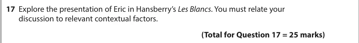 June 2025 Paper 1, question 17: Explore the presentation of Eric in Hansberry’s Les Blancs. You must relate your discussion to relevant contextual factors.