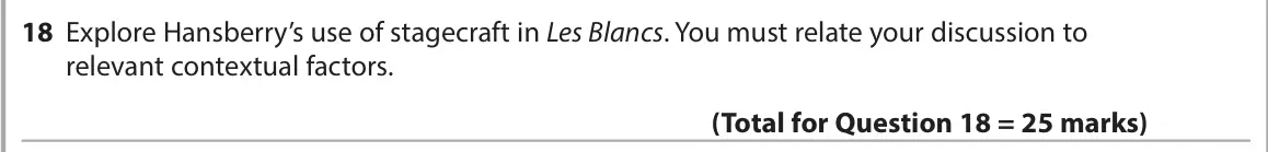 June 2025 Paper 1, question 18: Explore Hansberry’s use of stagecraft in Les Blancs. You must relate your discussion to relevant contextual factors.