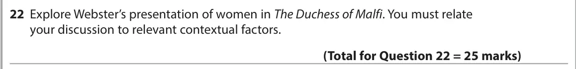 June 2025 Paper 1, question 22: Explore Webster’s presentation of women in The Duchess of Malfi. You must relate your discussion to relevant contextual factors.