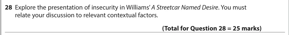 June 2025 Paper 1, question 28: Explore the presentation of insecurity in Williams’ A Streetcar Named Desire. You must relate your discussion to relevant contextual factors.
