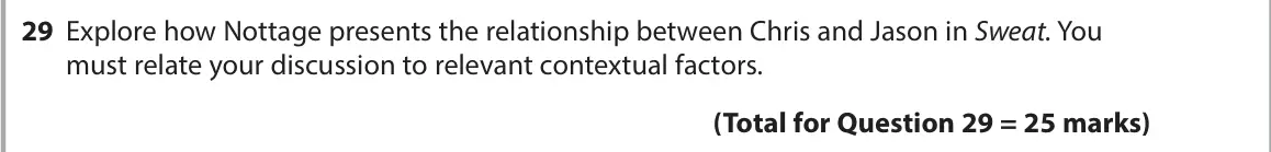 June 2025 Paper 1, question 29: Explore how Nottage presents the relationship between Chris and Jason in Sweat. You must relate your discussion to relevant contextual factors.