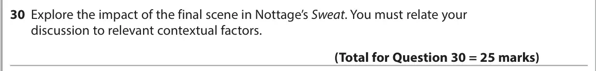 June 2025 Paper 1, question 30: Explore the impact of the final scene in Nottage’s Sweat. You must relate your discussion to relevant contextual factors.