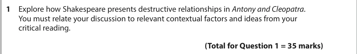 November 2021 Paper 1, question 1: Explore how Shakespeare presents destructive relationships in Antony and Cleopatra. You must relate your discussion to relevant contextual factors and ideas fro