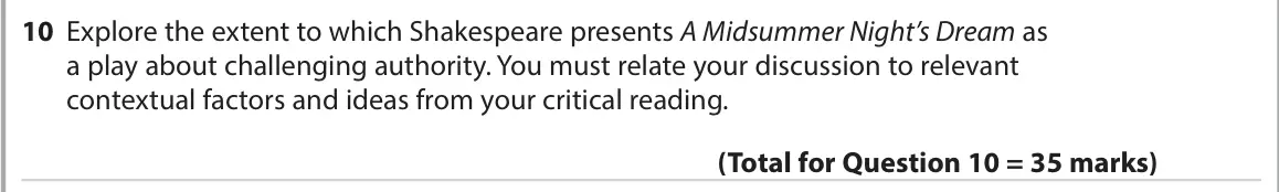November 2021 Paper 1, question 10: Explore the extent to which Shakespeare presents A Midsummer Night’s Dream as a play about challenging authority. You must relate your discussion to relevant co