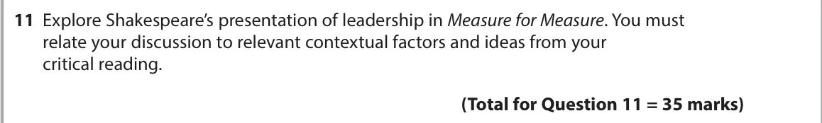 November 2021 Paper 1, question 11: Explore Shakespeare’s presentation of leadership in Measure for Measure. You must relate your discussion to relevant contextual factors and ideas from your crit