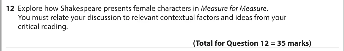 November 2021 Paper 1, question 12: Explore how Shakespeare presents female characters in Measure for Measure. You must relate your discussion to relevant contextual factors and ideas from your cr