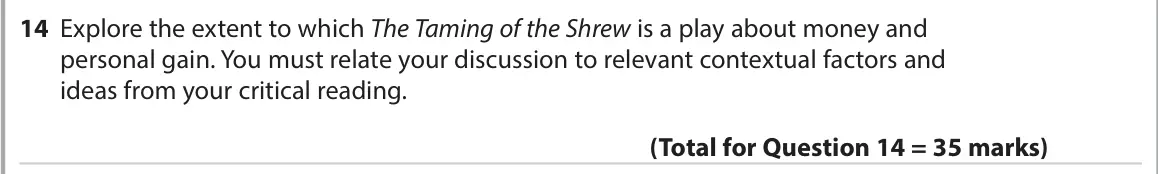November 2021 Paper 1, question 14: Explore the extent to which The Taming of the Shrew is a play about money and personal gain. You must relate your discussion to relevant contextual factors and 