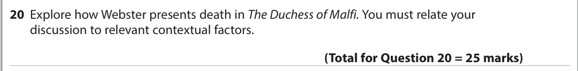 November 2021 Paper 1, question 20: Explore how Webster presents death in The Duchess of Malfi. You must relate your discussion to relevant contextual factors.