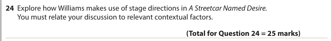 November 2021 Paper 1, question 24: Explore how Williams makes use of stage directions in A Streetcar Named Desire. You must relate your discussion to relevant contextual factors.
